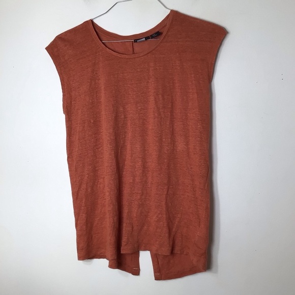 Tahari small top women linen orange back buttons sleeveless - Picture 1 of 5